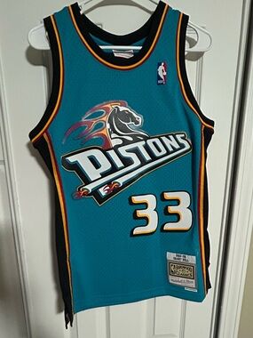Mitchell & Ness Teal Pistons #33 Retro Basketball Jersey